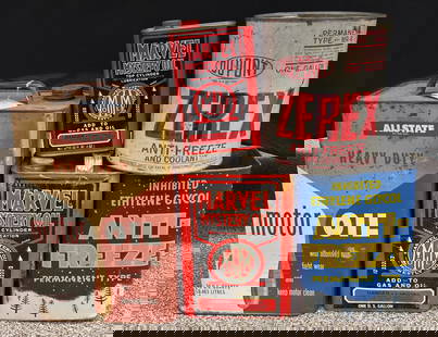 (5) Vtg Various Brand Automotive Motor Oil & Antifreeze Cans: Includes All State, Marvel, Dupont, and Glycol. Cans are all in various conditions with scratches and rusting from age.