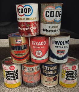 (9) Vtg Empty Motor Oil Cans: Brands include Co-op, Texaco, QMF, Fleetwood, and other brands with both tin and composite cans.