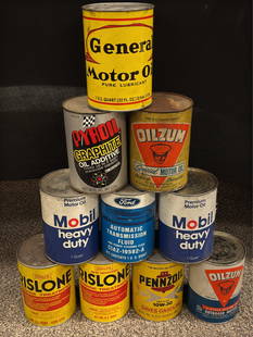 (10) Vtg Full 1qt Motor Oil Cans: Brands include Rislone, Payroll, Ford, Mobil, Oilzum, and more with both tin and composite cans.