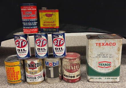 (10) Various Brand & Type Oil Cans: Brands include STP, Amalie, Texaco, Penzoil, and more. Cans are all empty except the Mobil 1 can.
