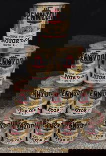 (10) Full 1qt Pennzoil Motor Oil Cans: Cans have various wear with some rusting and scuffs from age.