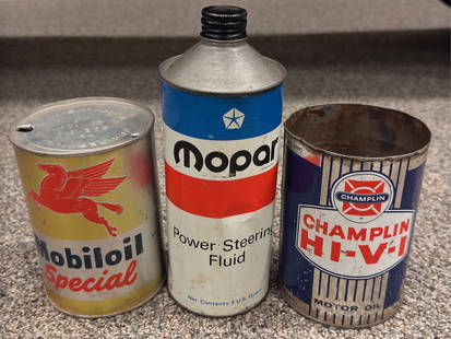 Mobiloil, Mopar, & Champlain 1qt Oil Cans: Cans are all empty with scattered wear from age.
