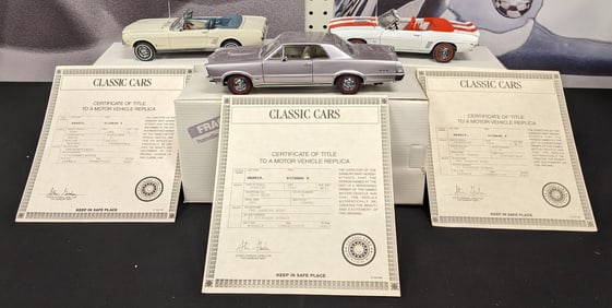 Danbury Mint 1969 Camero SS, 1965 Pontiac GTO, and 1966 Ford Mustang Model Cars