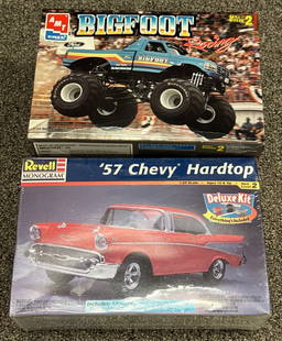 Revell 1957 Chevy & AMT Ertl Bigfoot Monster Truck Model Kits: The 57 Chevy kit is sealed, and the monster truck fully assembled.