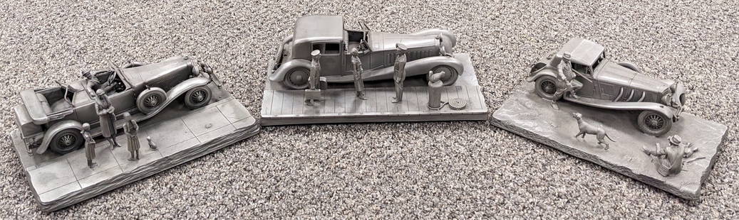 (3) Franklin Mint Pewter Automotive Scene Displays: Display feature a Mercedes Benz, Bugatti, and Dusenberg with surrounding details. Each model is done with very nice detail and is in nice condition. The Dusenberg's front windshield is broken. Largest