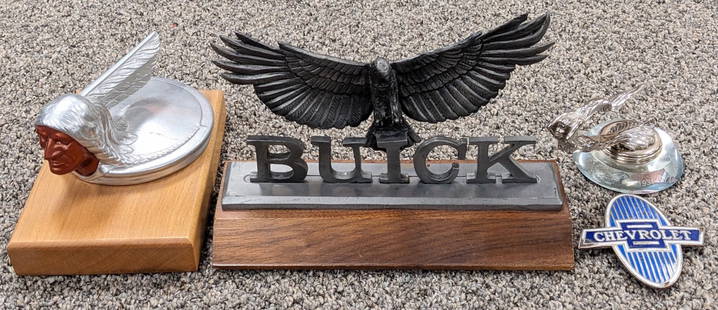 Buick, Cadillac, & Indian Hood Ornament & Desk Decorations: Largest measures 8in wide x 4.5in tall.