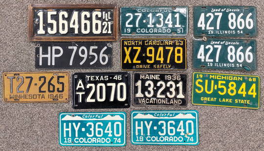 (12) Vintage License Plates: Plates range from 1921-1974 including aatching 1954 set. Plates all have scuffs and wear from age.