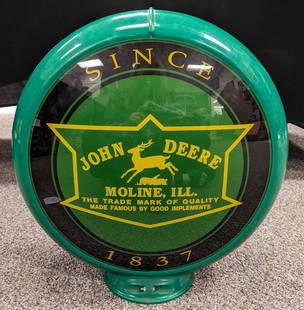 Fantasy John Deere Gas Pump Globe: Globe has a plastic frame with nice printed decals on the glass faces. Globe is in nice condition with light wear from display. Measures 17in tall x 16in wide.
