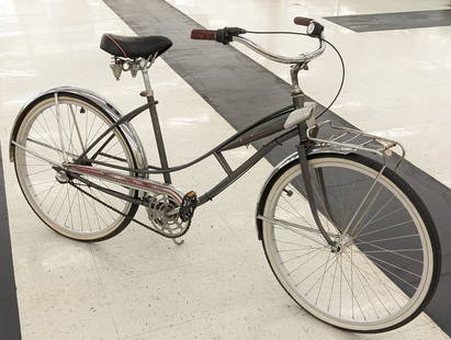 Hiawatha Astro Flite Girls Bicycle: Features a front luggage rack and a front headlight. The lens on the headlight are broken, and the paint has various scuffs and wear from use and age.