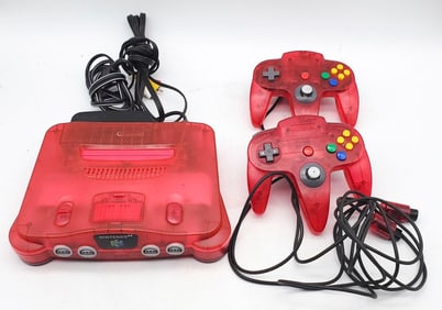 Nintendo 64 N64 Red Watermelon with 2 Controllers and Cords.