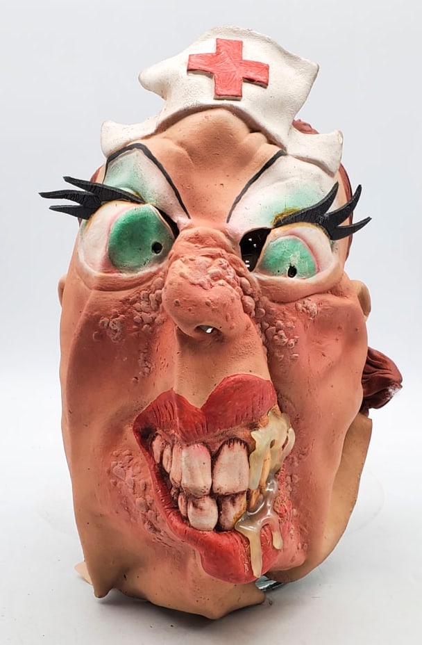 Party Professional Gross Out Nurse Latex Mask: Latex Mask is in Overall good condition minimal chipping on nurse hat and ears.