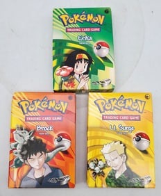3 Pokémon Theme Decks including Erika, Lt. Surge, and Brock.
