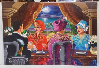 Otto Aguiar ?Dining Out? Original Acrylic Painting on Canvas with Gold Leaf Embellishment and Raised