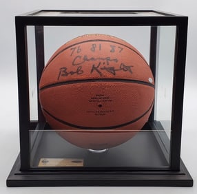 Bob Knight Signed NCAA Basketball with 76,81, and 87 Champs Inscribed Authenticated by Steiner.