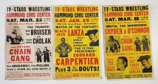 3 Vintage Pro Wresting Advertising Posters Featuring TV-STARS Wrestlers