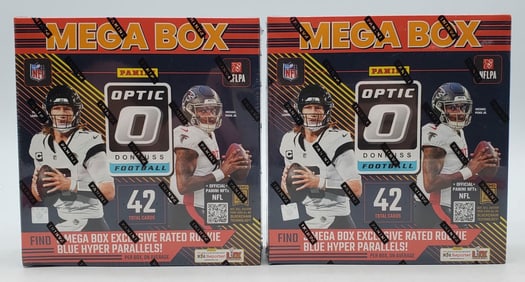 2 Panini 2024 Donruss Optic O Football Mega Box Blue Hyper, Autographs, Memorabilia Cards