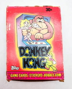 1982 Topps Donkey Kong 36 Pack Wax Box: Wax box has edge wear and Wax Pack are in good