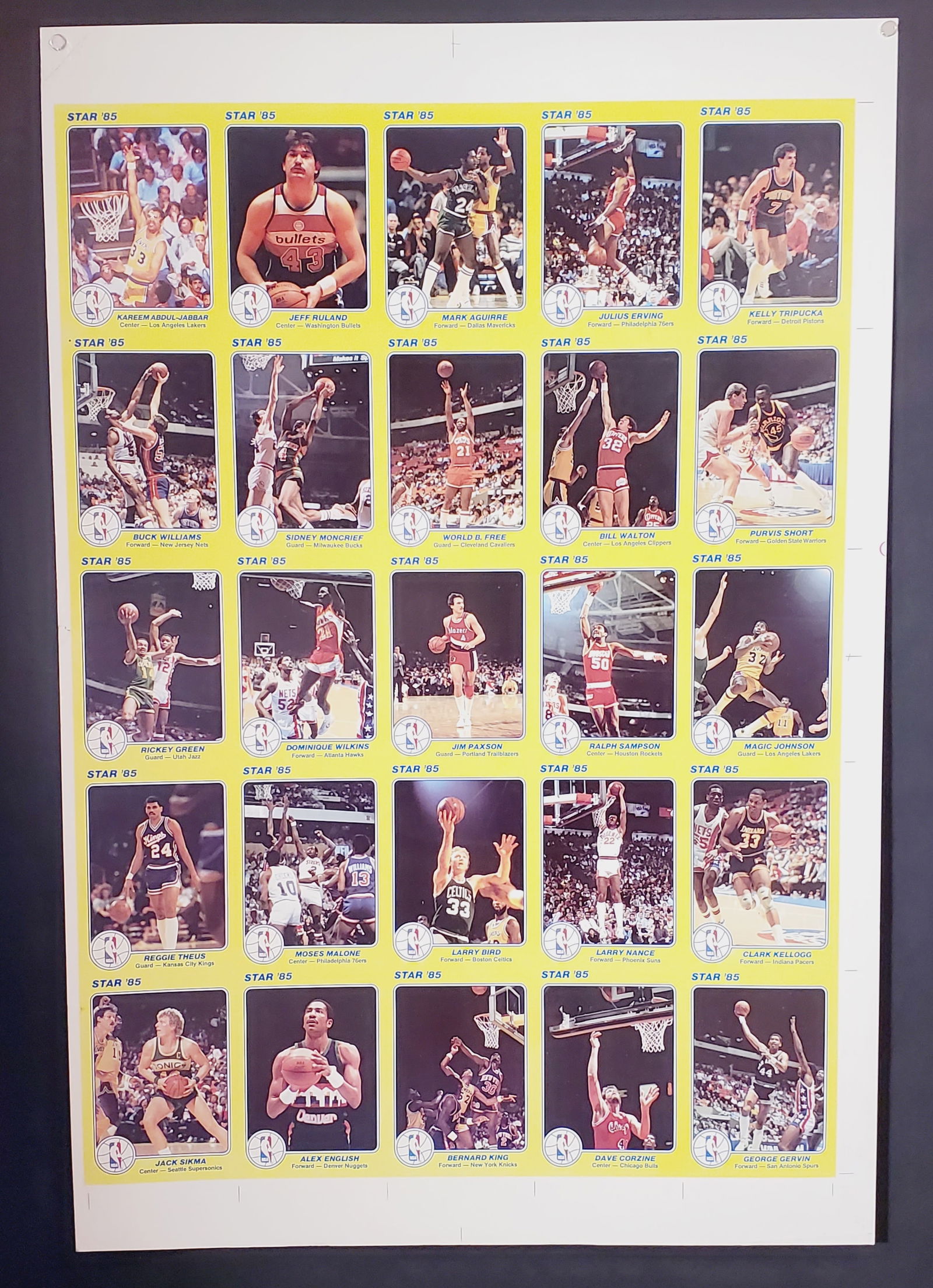 1985 Star Uncut Sheet NBA Court Kings Large 5"x7" Cards: Series 1 25 NBA Star Cards With Larry Bird, Magic Johnson, Dominique Wilkins, Kareem Abdul-Jabbar, Julius Erving, Bill Walton and More Court Kings 5"x7" Basketball Cards. Some White Border Damage, Cre