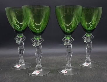 (4) Cambridge Nude Stem Green Glass Water Goblets