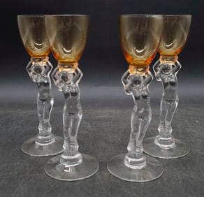 (4) Cambridge Nude Stem Amber Glass Cordials