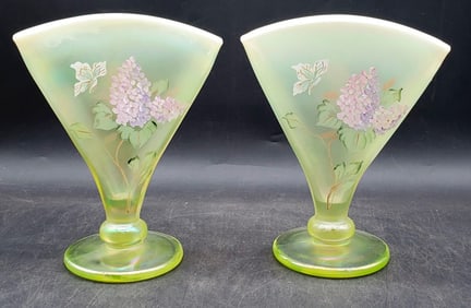 (2) Fenton Hydrangeas Yellow Topaz Opalescent Uranium Vase