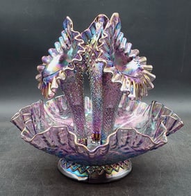 Fenton 3 Horn Iridescent Lilac Diamond Lattice Epergne