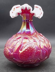 Fenton Ruby Red Iridescent Overlay Swan Vase with White Top