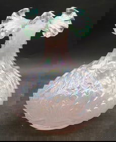 Fenton Opalescent Champagne Pink Satin Swan Vase with Sea Mist Green Crest