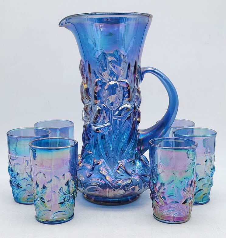 Fenton Iris Blue Carnival Glass Pitcher & 6 Tumblers (1 of 9)