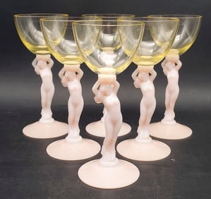 (6) Cambridge Pink Nude Stems with Yellow Uranium Cocktail Glasses