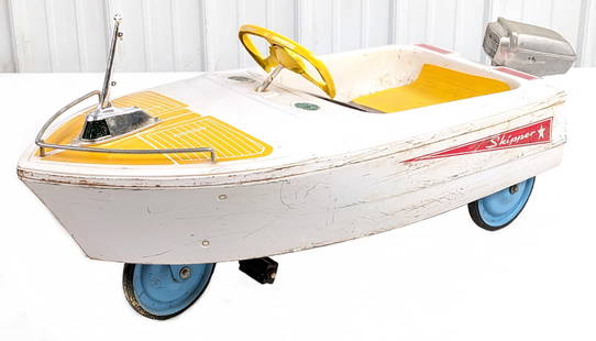 Murray Skipper Pedal Boat: Murray Skipper pedal boat. The outboard boat motor is cast aluminum and the steering wheel has been repainted. It is missing the flag. The boat has some paint loss, light surface rust, and wear from