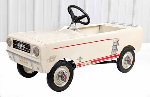 Ford Mustang Pedal Car: Custom Ford Mustang pedal car. The car has paint loss on the rear, scuff marks, and wear from use / storage. Measures approximately 38" long.