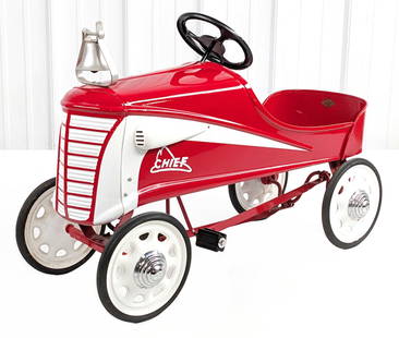 Restored Steelcraft Fire Chief Pedal Car: Restored Steelcraft Fire Chief pedal car. The original Steelcraft decal on the rear of the seat was painted around and then lacquered. The car has a nice restoration with hand painted features. It