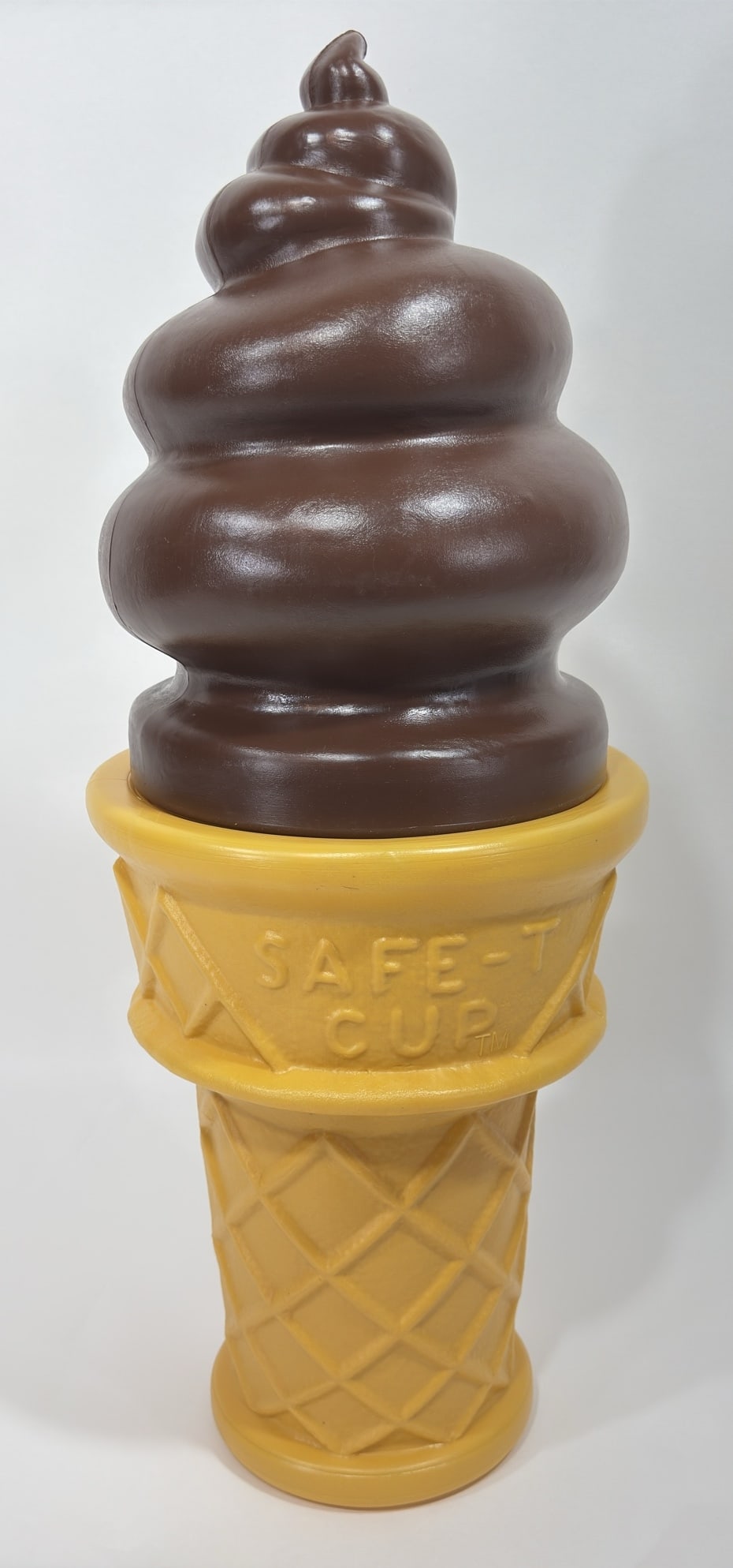 Giant Safe-T Cup Blow Mold Ice Cream Cone: Giant Safe-T Cup advertising blow mold chocolate soft serve ice cream cone. Appears to be in nice condition with light wear from storage and display. Overall it measures approximately 26" tall by 10-1