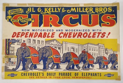 Vintage Kelly & Miller Bros Circus Chevrolet Elephant Parade Poster
