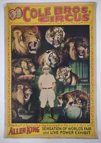 Large Early Cole Bros Circus Allen King Linen Backed Circus Poster