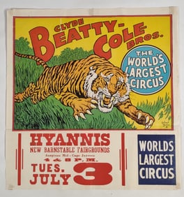 Vintage Clyde Beatty Cole Bros Circus Poster w Tiger Graphic