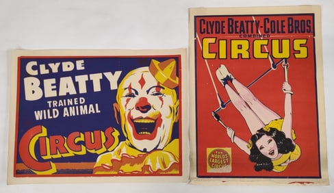 2) Vintage Clyde Beatty Cole Bros Circus Posters