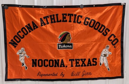 Vintage Nocona Athletic Goods Co. "Nokona" Cloth Advertising Banner w/ Chain Stitched Patches