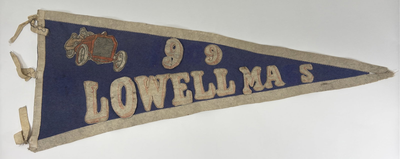 1909 Lowell Automobile Road Races Felt Pennant: 1909 Lowell Massachusetts Automobile Road Races felt pennant. Pennant is in fair original condition with missing " 1", "0", and "S". It appears the pennant was possibly never finished. Displays well w