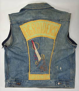 Vintage A.G. Raiders Motorcycle Club Denim Jacket / Vest: Vintage A.G. Raiders motorcycle club denim jacket vest. Appears to be in good used condition with staining, worn stitching, and other expected wear from use and age. Displays well with large stitched