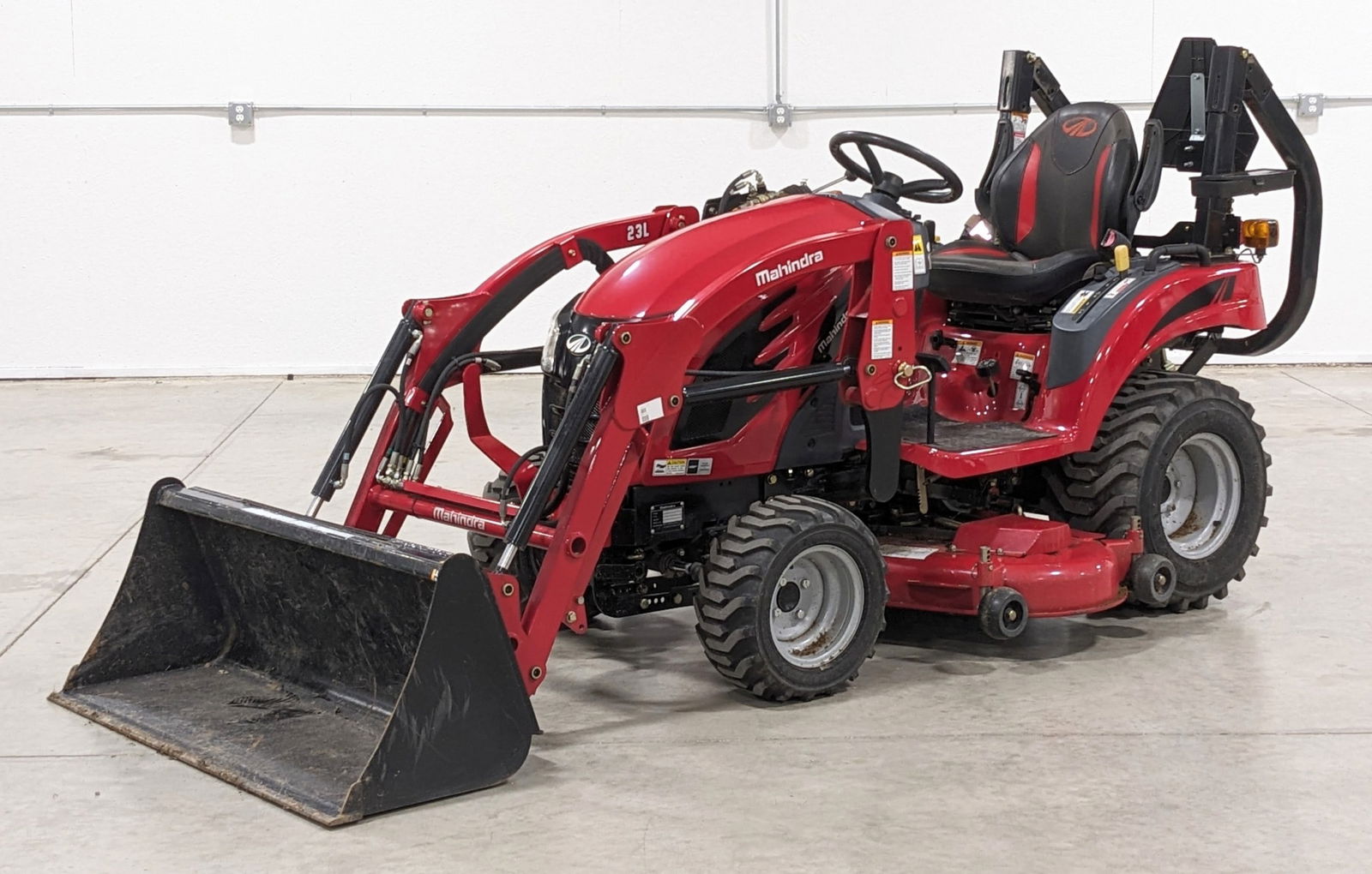 Mahindra eMax 20S HST 4WD Diesel Tractor With Loader & Mower: 19.3 HP diesel engine, hydrostatic transmission with high/low, 4-wheel drive, quick attach loader, mid-mower with 50" deck, PTO, 3-point hitch, starts and runs. Hours gauge not working.