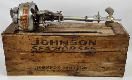 Vintage Johnson Sea-Horse Outboard Boat Motor In Original Wooden Crate