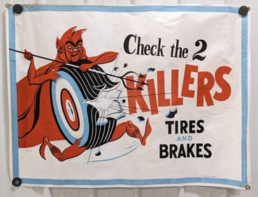 4ft 1950s-60s 2 Killers Tire Auto Shop Canvas Banner w/ Devil Graphics