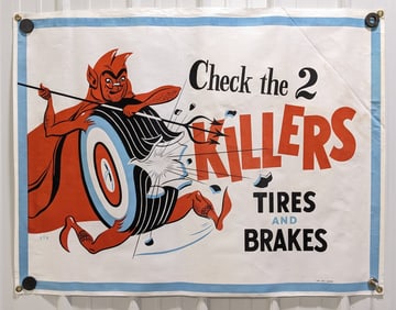 4ft 1950s-60s 2 Killers Tire Auto Shop Canvas Banner w/ Devil Graphics