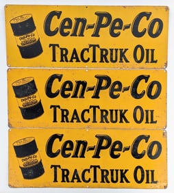 3) Vintage SST Cen-Pe-Co Motor Oils TracTruck Oil Signs w/ Barrel Graphics