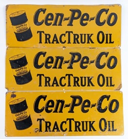 3) Vintage SST Cen-Pe-Co Motor Oils TracTruck Oil Signs w/ Barrel Graphics