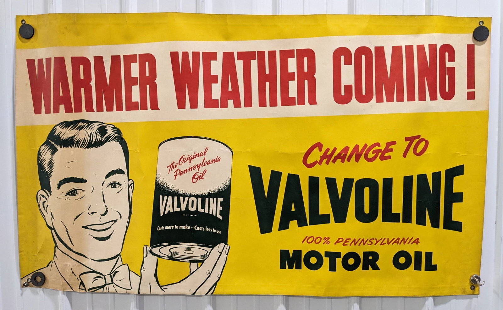 Vintage Valvoline Motor Oil Advertising Banner 57x33: Large vintage Valvoline Motor Oil advertising heavy paper banner. Appears to be in good condition with discoloration, creases, and other wear from use and age. Displays well with great graphics. It me