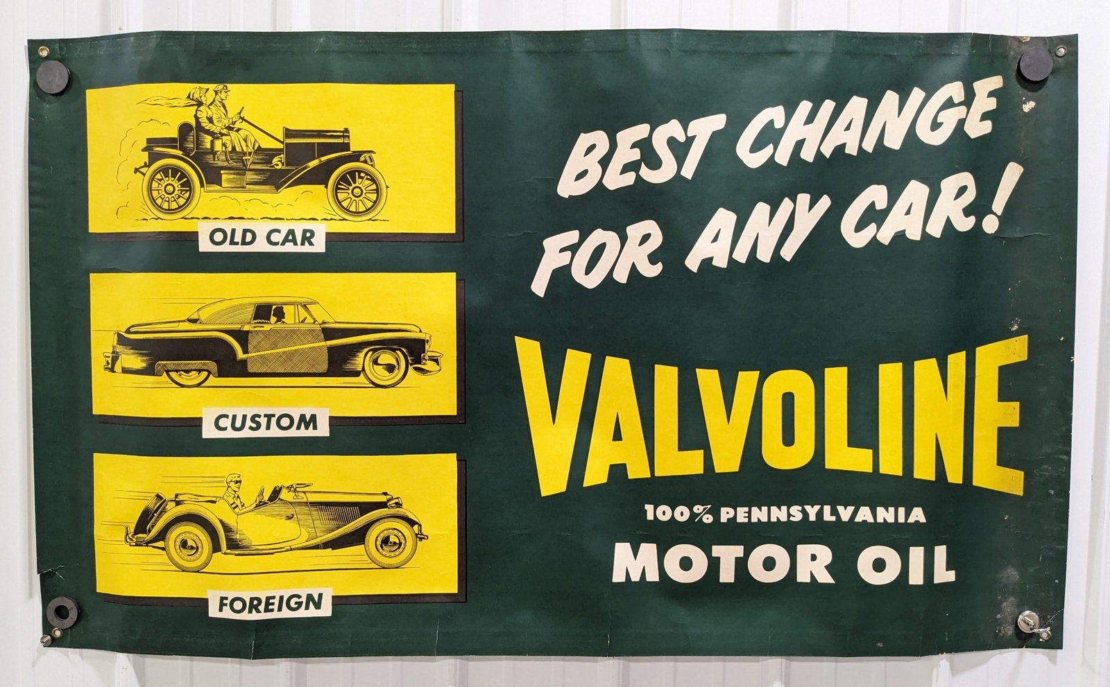Vintage Valvoline Motor Oil Advertising Banner w/ Automobile Graphics 57x33: Vintage Valvoline Motor Oil heavy paper advertising banner with great automobile graphics. Appears to be in good condition with discoloration, some creases, and other wear from use and age. Does have 