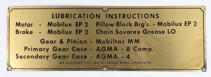 Vintage Mobil Service Station Lubrication Brass Instruction Sign